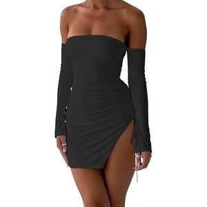 Nadia Fraca Bodycon Mini Dress S Slit Ruched Off Shoulder Sexy Clubwear Baddie